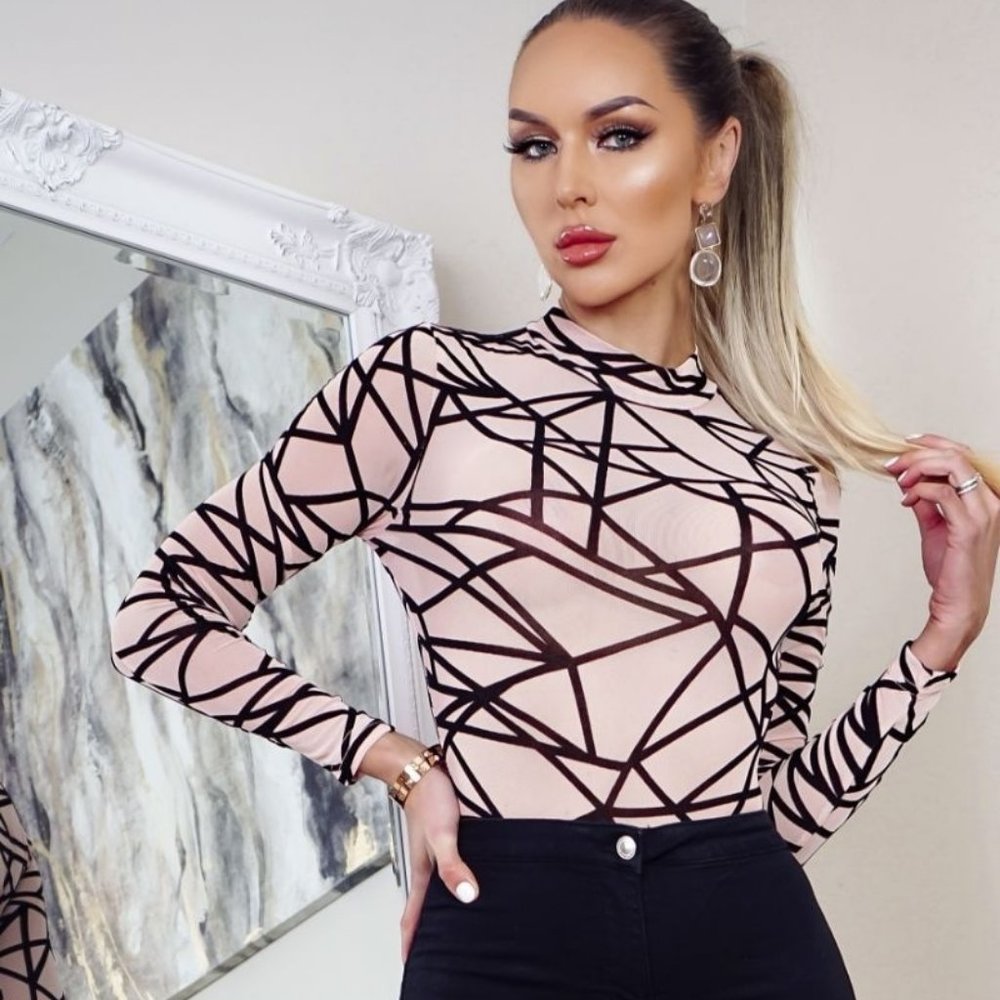 Nude Abstract Print Mesh Long Sleeve High Neck Bodycon Bodysuit Leotard Top - Picture 1 of 12